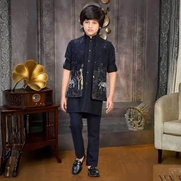 Black Embroidery Kurta Set With Waist Coat Set Party Wear