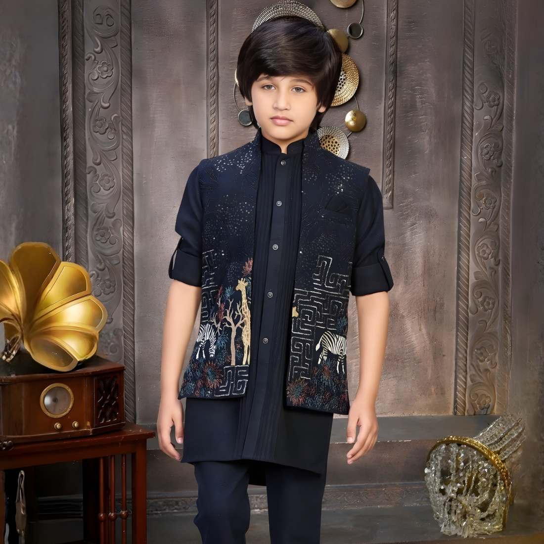 Black Embroidery Kurta Set With Waist Coat Set Party Wear
