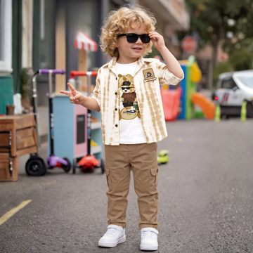 Brown Printed Shirt And Pant Set For Boys