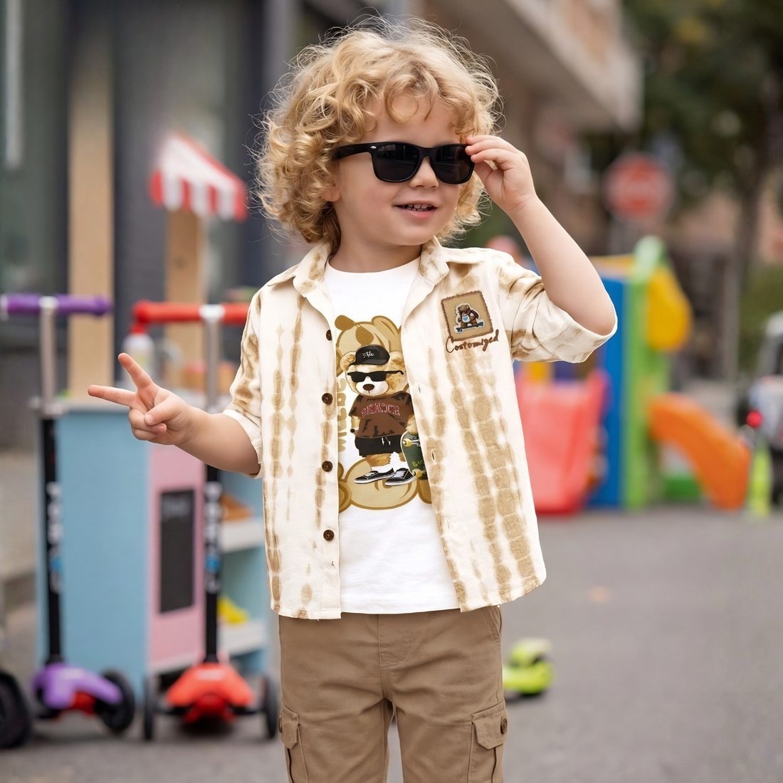 Brown Printed Shirt And Pant Set For Boys