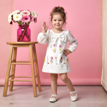 Girls Floral Printed White Frock