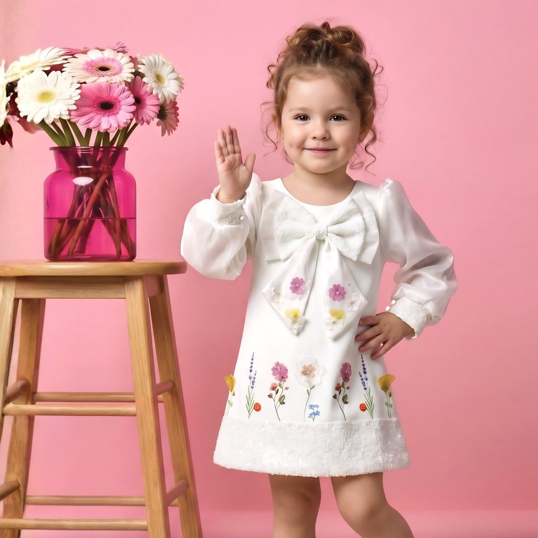 Girls Floral Printed White Frock