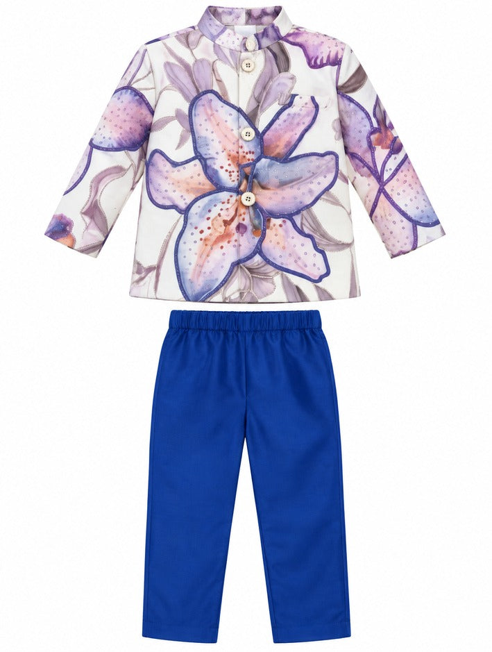 Boys Floral Print Mandarin Collar Jacket and Blue Pants Set