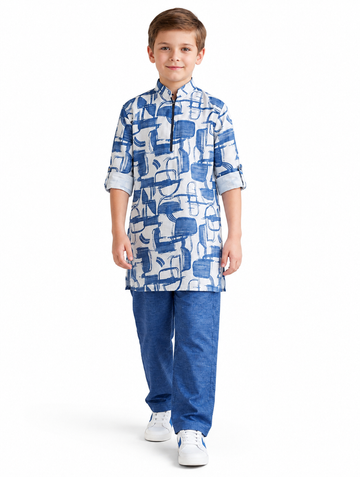 Boys Blue Abstract Print Kurta and Blue Pajama Set