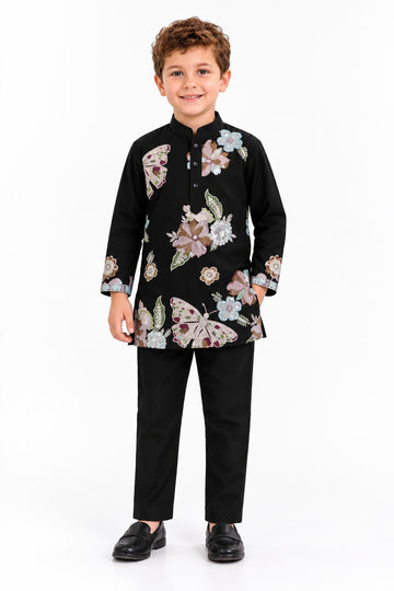 Boys Black Floral and Butterfly Embroidered Kurta and Pants Set (Shoes Not Included)