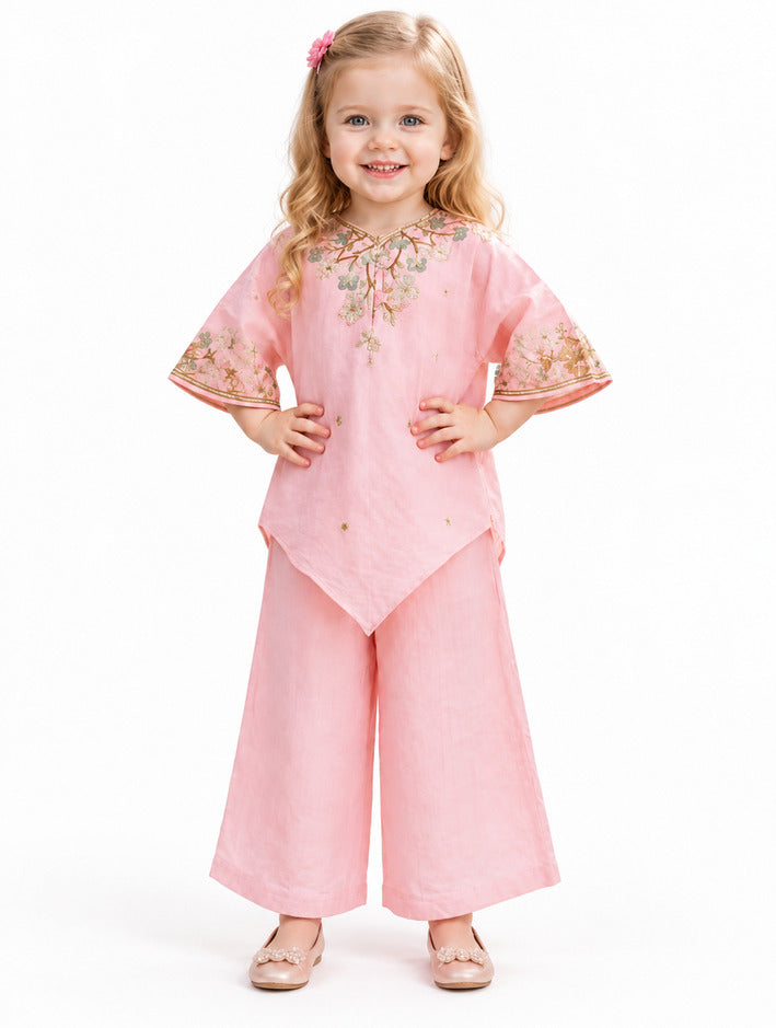Girls Peach Embroidered Kurti and Palazzo Set