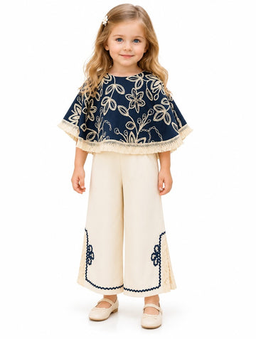 Girls Blue Floral Embroidered Cape Top and Cream Palazzo Pants Set