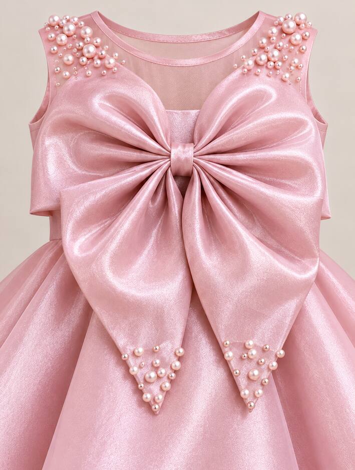 Girls Pink Satin Party Frock with Big Bow