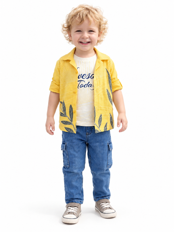 Boys Yellow Leaf Print Shirt, T-Shirt and Denim Cargo Jeans Set (Shoes Not Included)