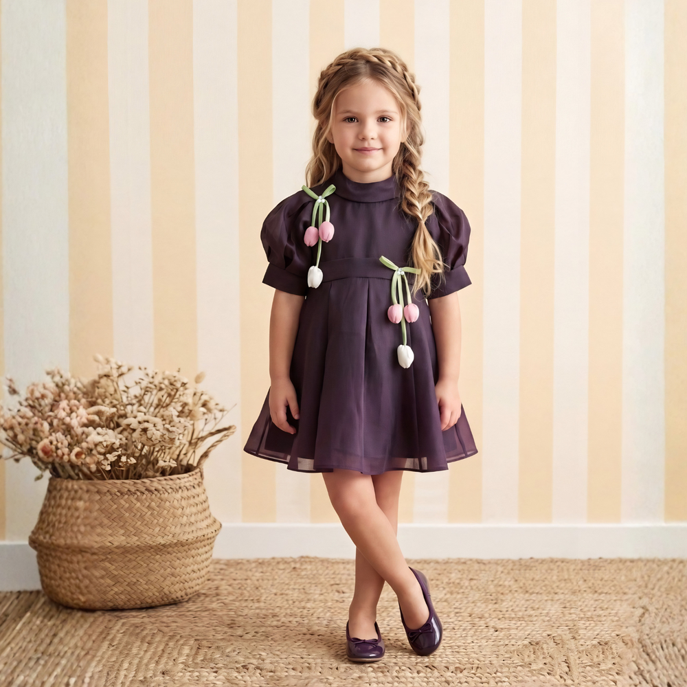 Stylish Half Sleeves Rose Applique Party Frock