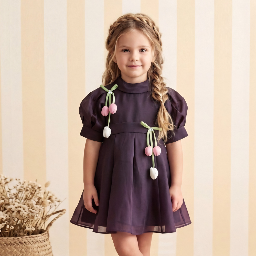 Stylish Half Sleeves Rose Applique Party Frock