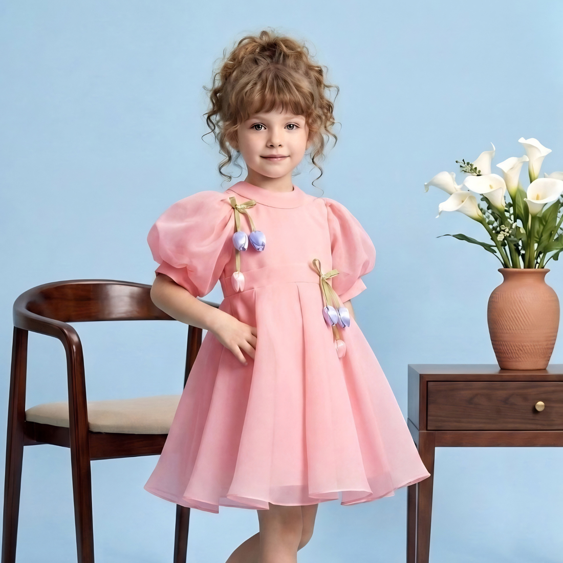 Stylish Half Sleeves Rose Applique Party Frock