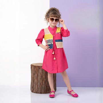 Pink with Multicolor Thread work Frock Overcoat For Girls