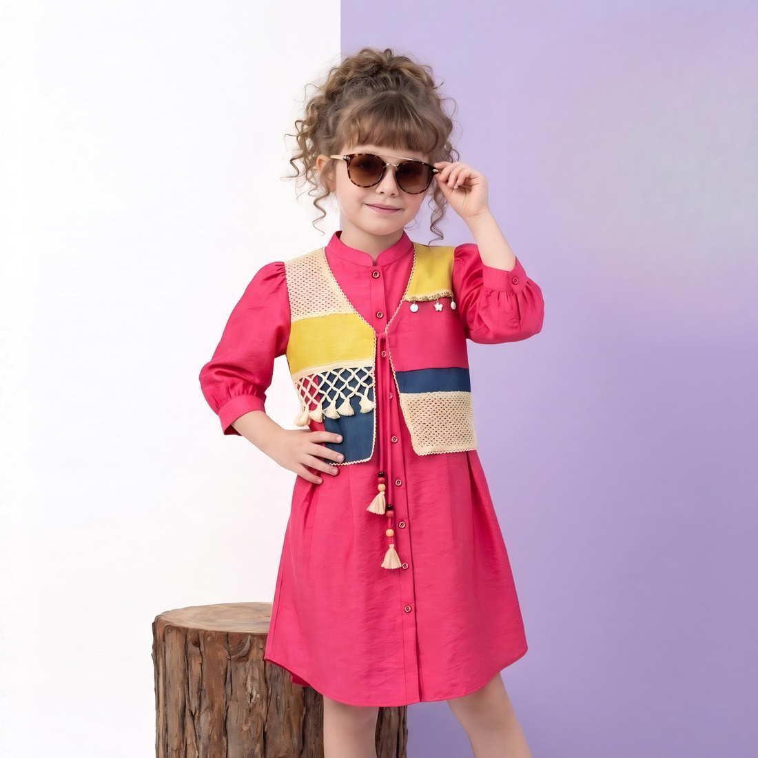 Pink with Multicolor Thread work Frock Overcoat For Girls