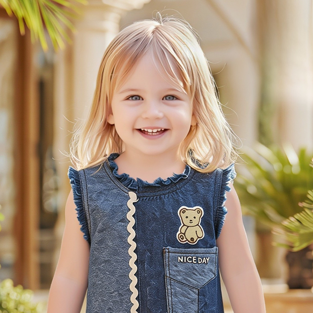 Close-up of girls blue denim frock detailing