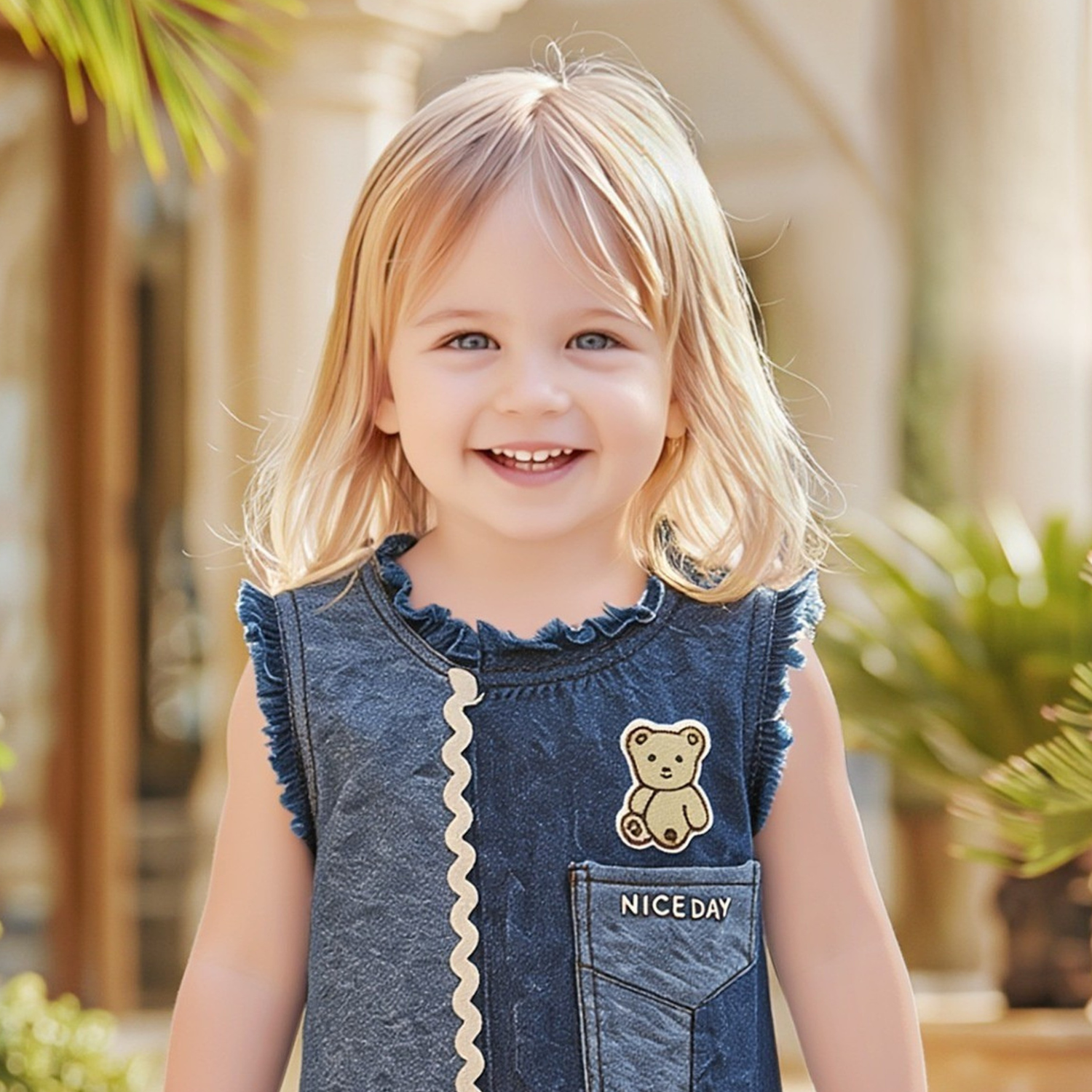 Close-up of girls blue denim frock detailing