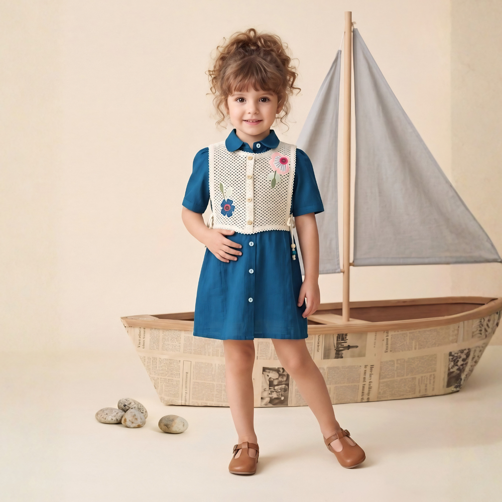 Blue with Thread work Frock Overcoat For Girls