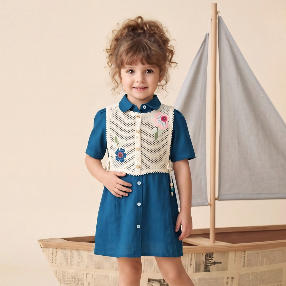 Blue with Thread work Frock Overcoat For Girls