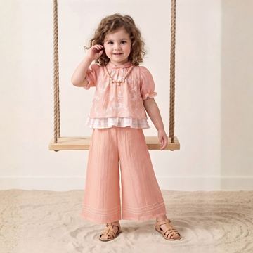 Girls Peach Ruffle Top with Wide-Leg Pants Co-Ord Set