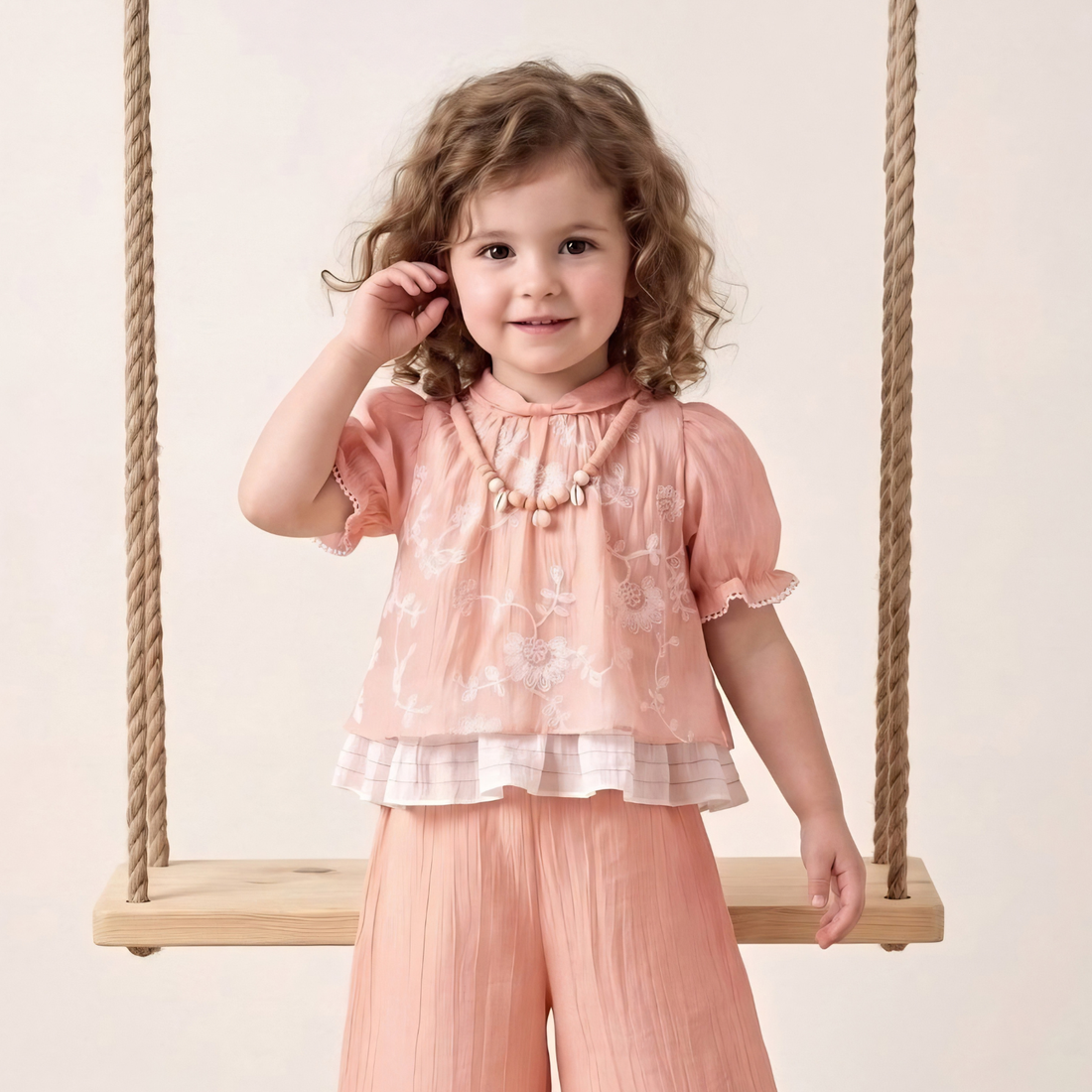 Girls Peach Ruffle Top with Wide-Leg Pants Co-Ord Set