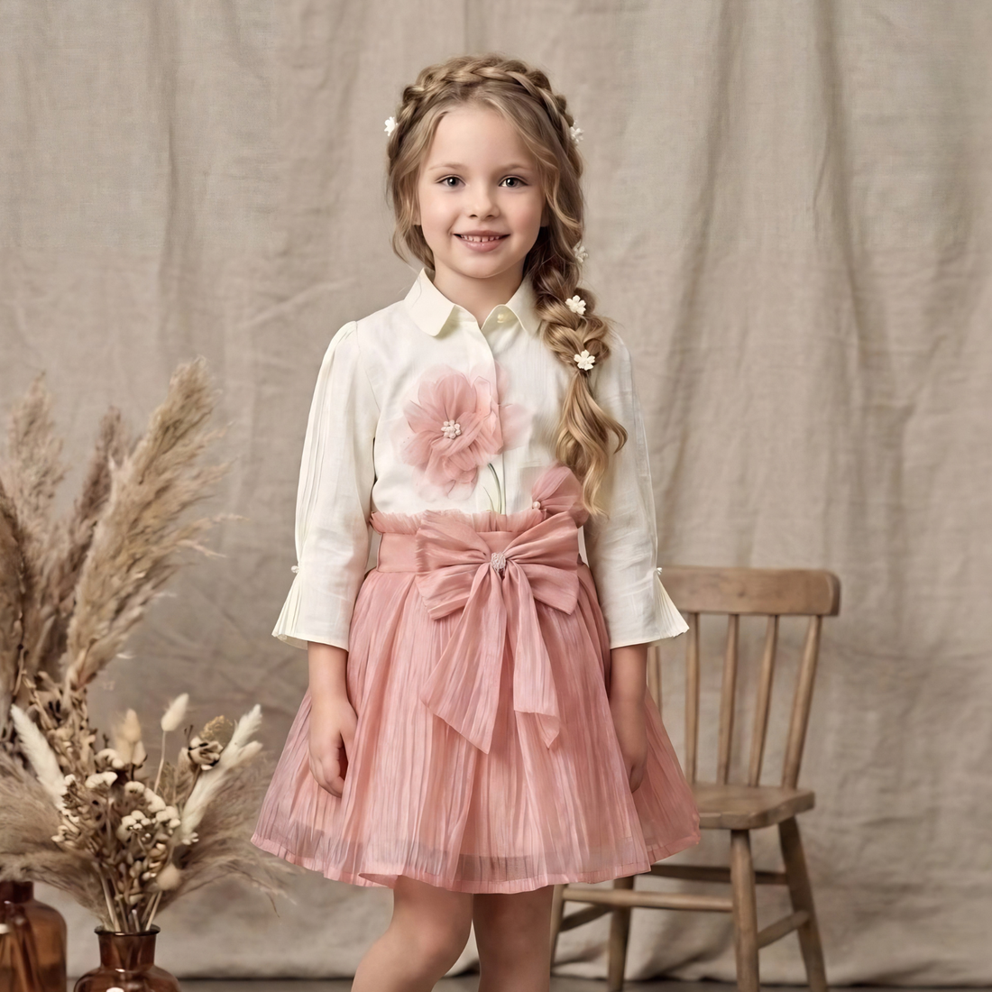 Girls Cute Full Sleeves Top with Flared Skirt Top Set