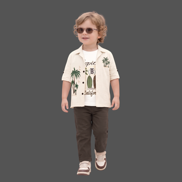 Brown Printed Shirt And Pant Set For Boys