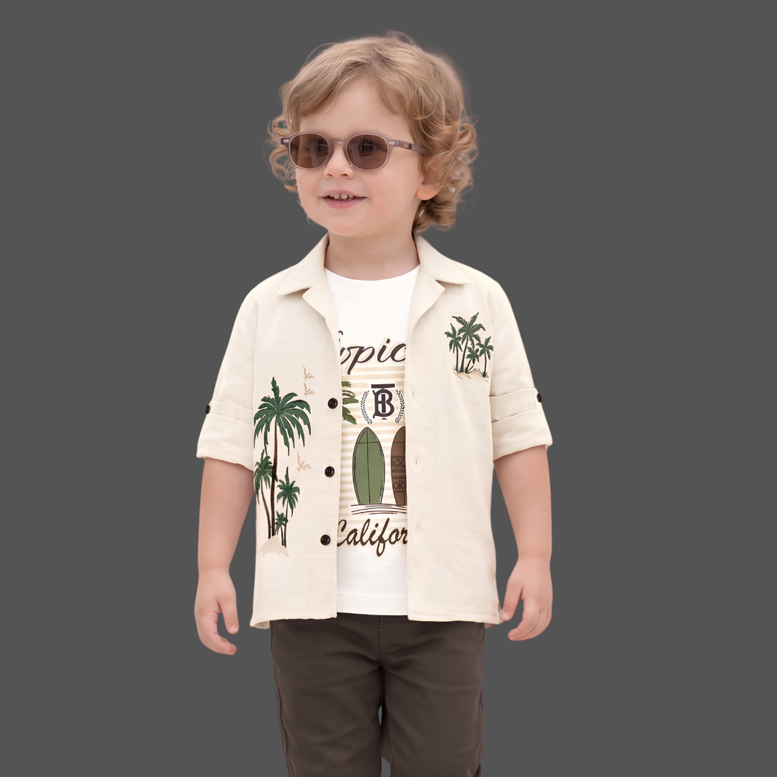 Brown Printed Shirt And Pant Set For Boys