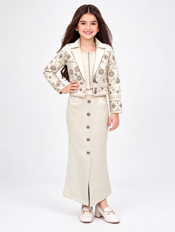 Girls Fawn Embroidered Jacket With Crop Top and Long Skirt Set