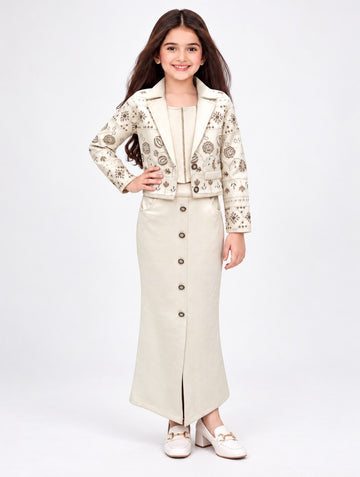 Girls Fawn Embroidered Jacket With Crop Top and Long Skirt Set