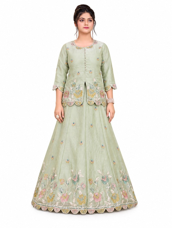 Girls Pista Green Embroidered Lehenga Choli Set