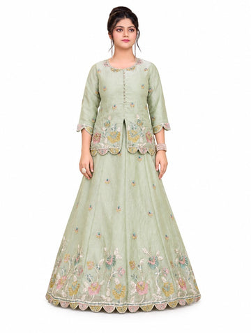 Girls Pista Green Embroidered Lehenga Choli Set