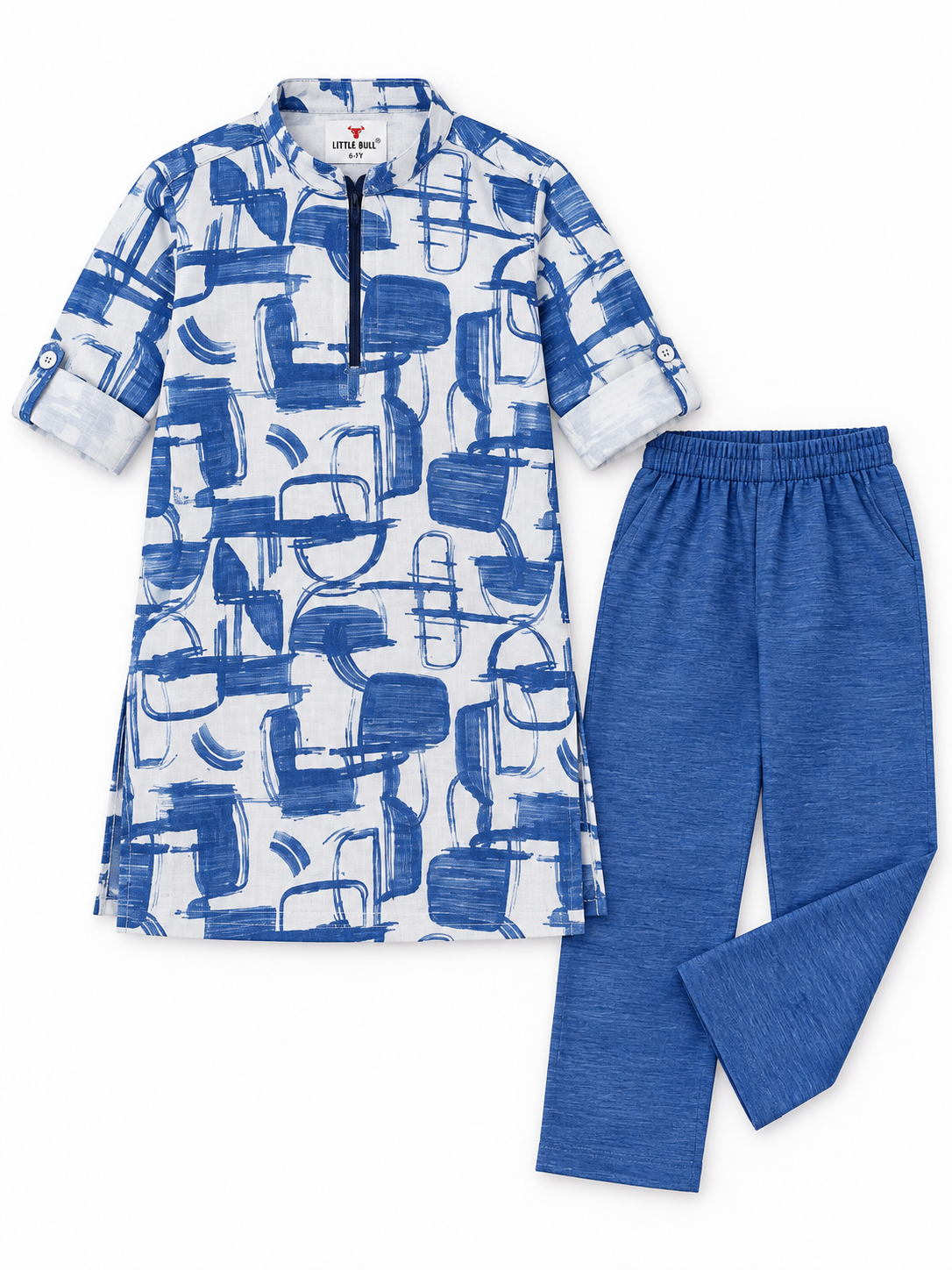 Boys Blue Abstract Print Kurta and Blue Pajama Set