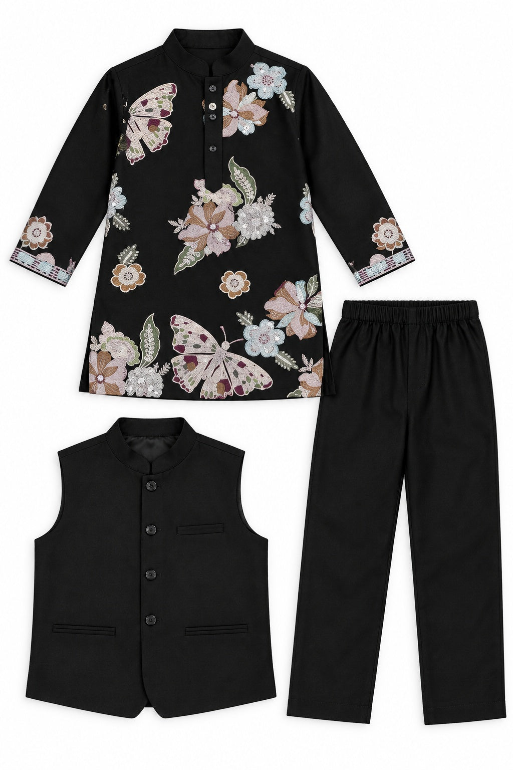 Boys Black Floral and Butterfly Embroidered Kurta and Pants Set (Shoes Not Included)