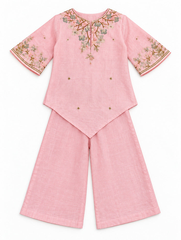 Girls Peach Embroidered Kurti and Palazzo Set