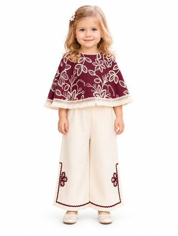 Girls Wine Floral Embroidered Cape Top and Cream Palazzo Pants Set