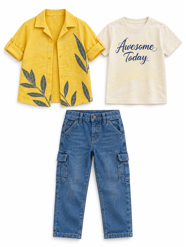 Boys Yellow Leaf Print Shirt, T-Shirt and Denim Cargo Jeans Set