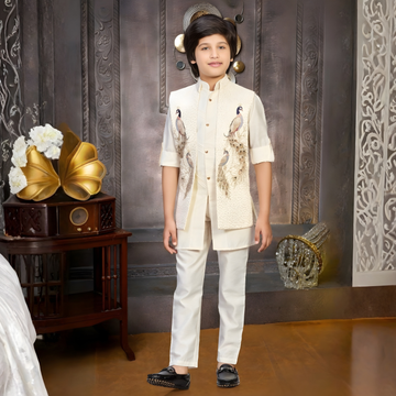 Cream Embroidery Kurta Set With Waist Coat Set Party Wear