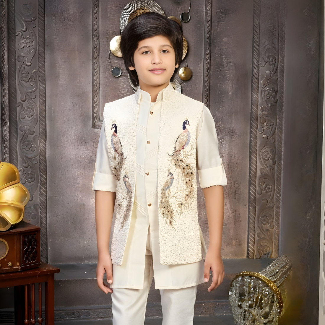 Cream Embroidery Kurta Set With Waist Coat Set Party Wear