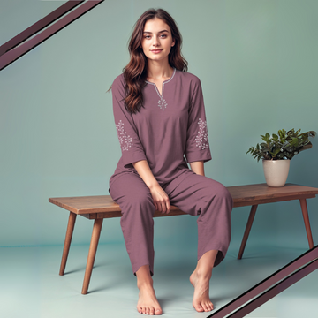 Purple Color Women Pure Cotton Top & Pyjama Night Suit