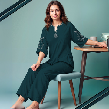 Green  Women Pure Cotton Top & Pyjama Night Suit