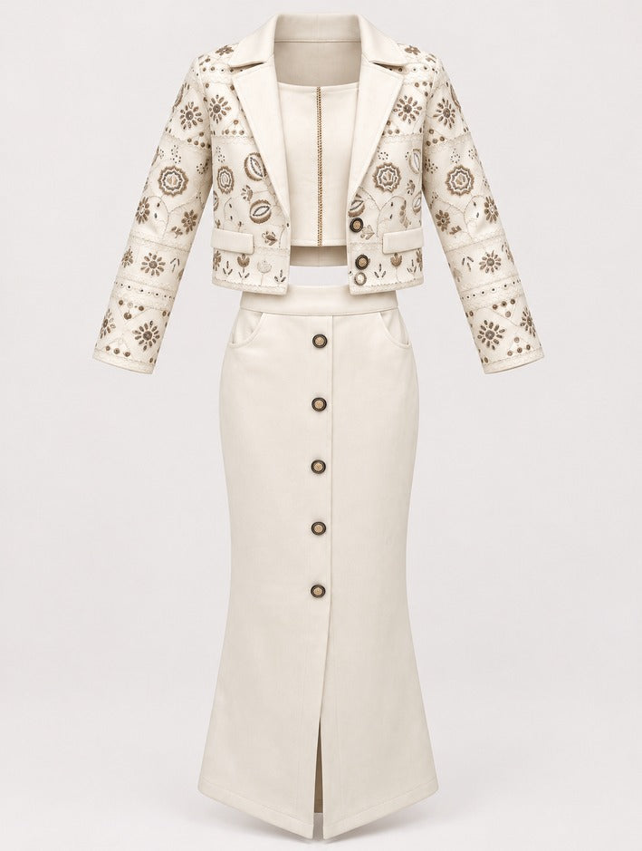 Girls Fawn Embroidered Jacket With Crop Top and Long Skirt Set
