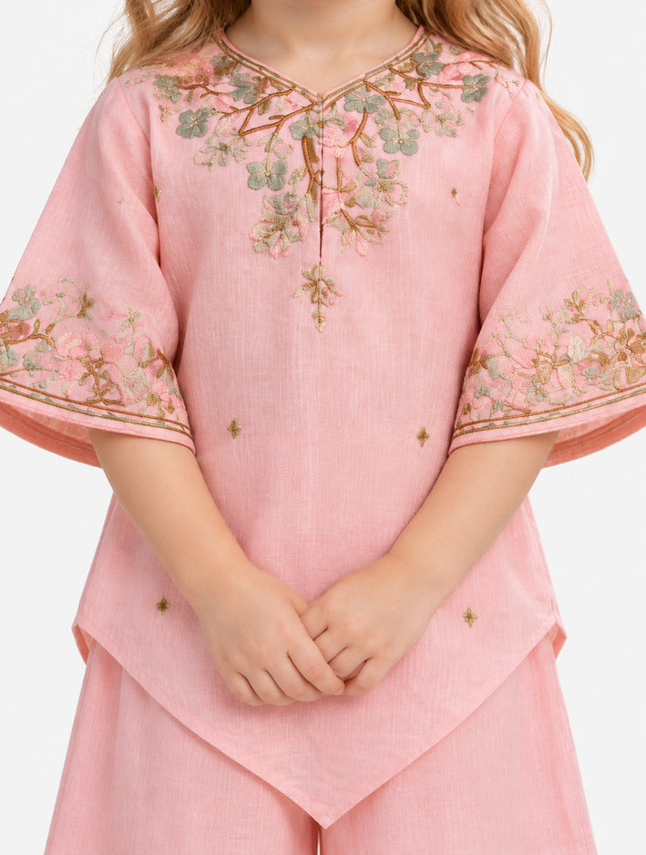 Girls Peach Embroidered Kurti and Palazzo Set