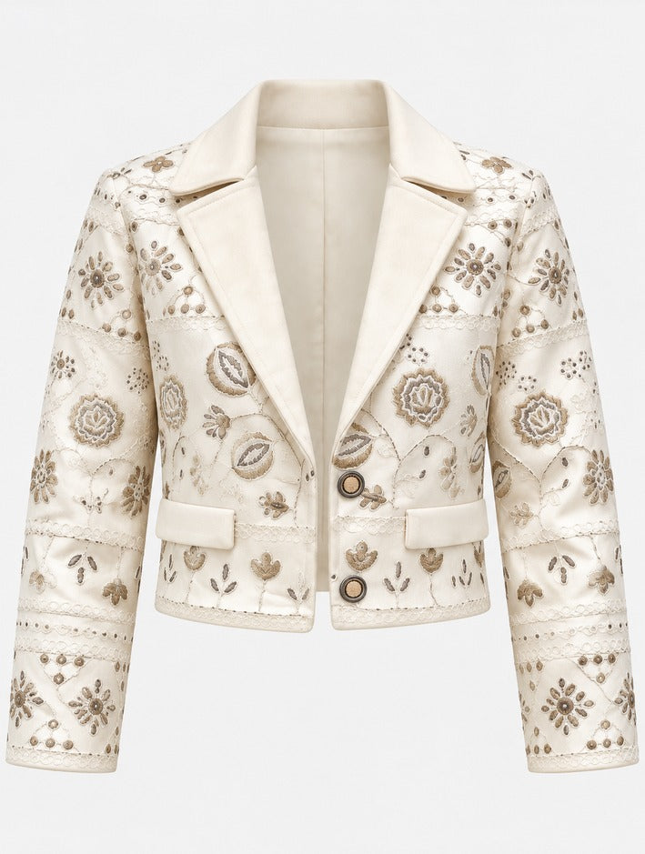 Girls Fawn Embroidered Jacket With Crop Top and Long Skirt Set