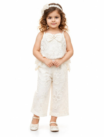 Girls Cream Floral Lace Bow Top and Palazzo Pants Set