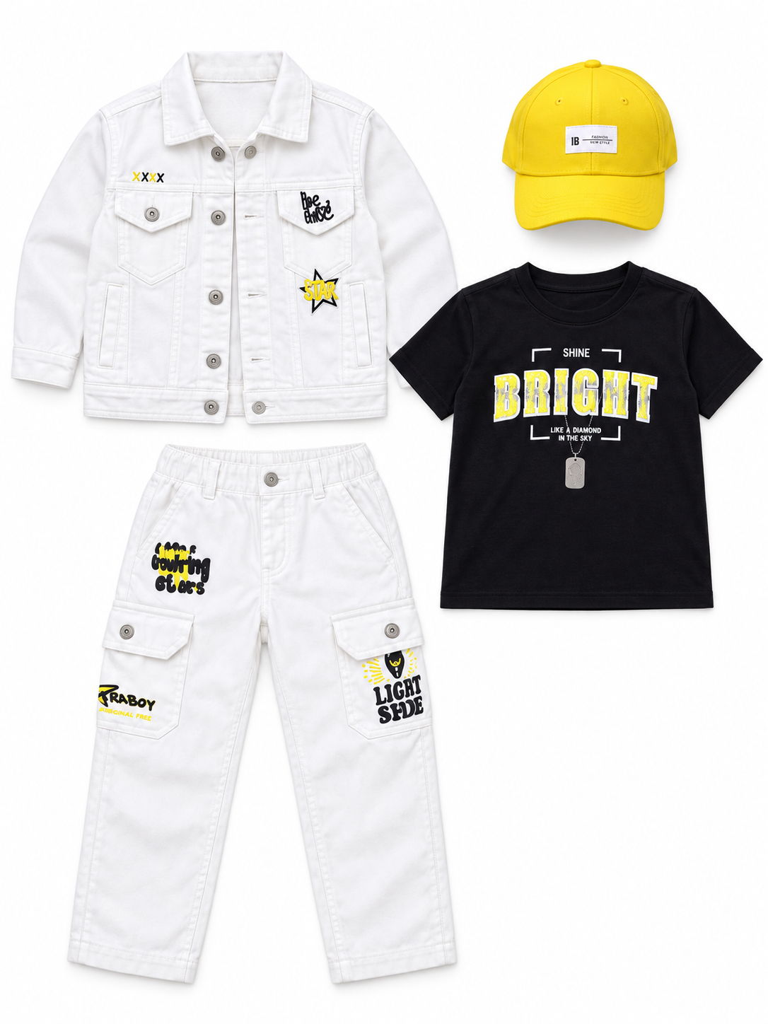 Boys Yellow Denim Jacket, T-shirt and Cargo Pants Set