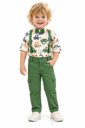 Boys Green Car Print Shirt, Bow Tie, Suspenders and Cargo Pants Set (Shoes Not Included)