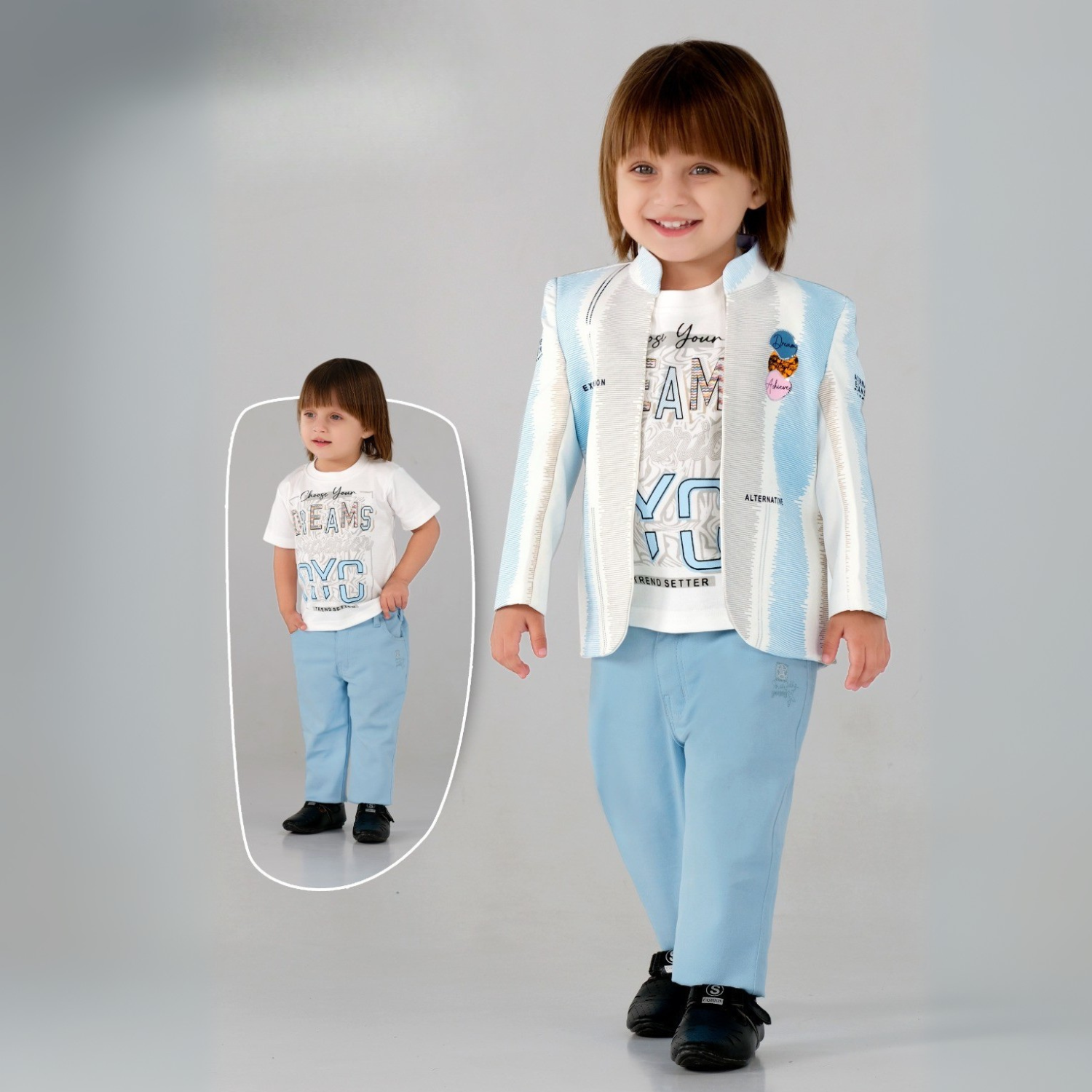 Boys Printed Blazer with Trouser & T-Shirt 3-Piece Suit