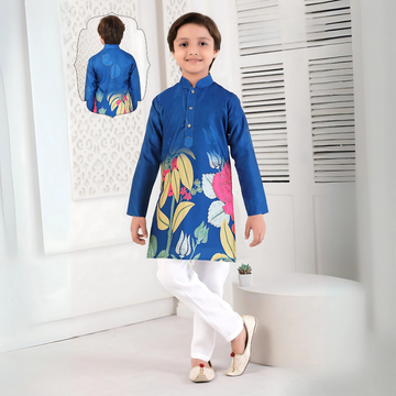 Boys Teal Blue Silk Kurta Pajama In Printed