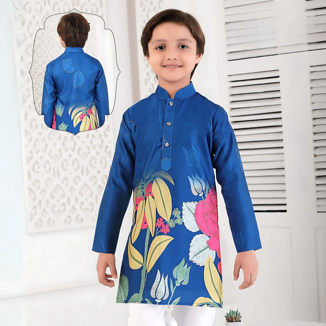Boys Teal Blue Silk Kurta Pajama In Printed