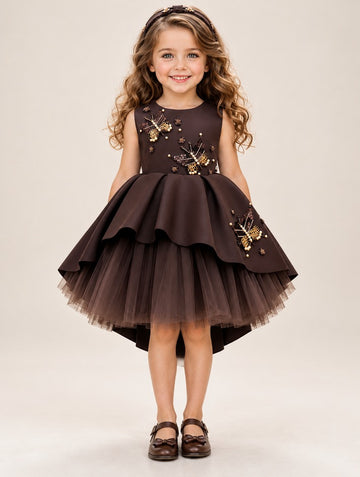 Girls Coffee Butterfly Embellished Party Frock